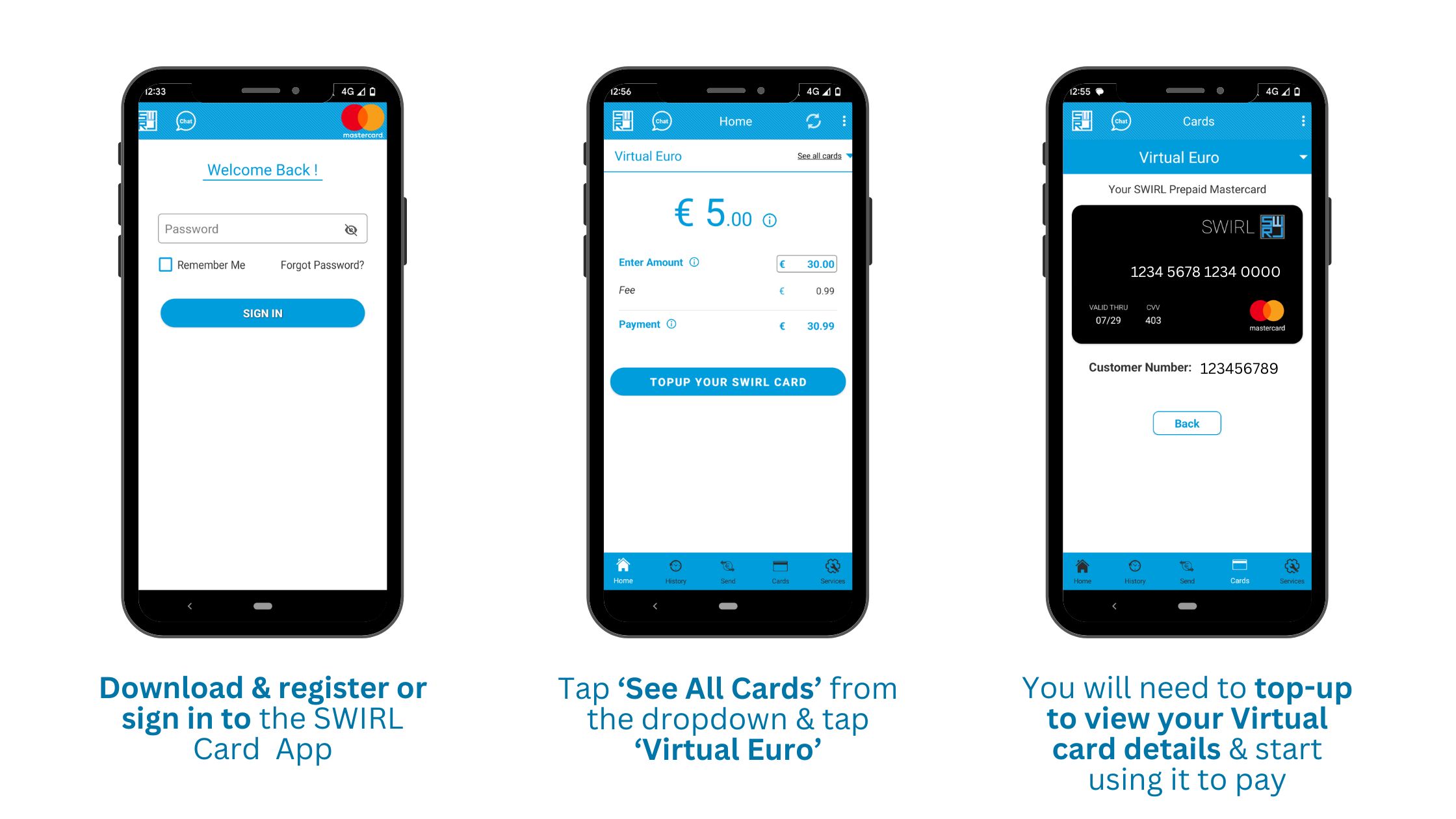 An image explaing how to locate SWIRL Virtual Cards via the SWIRL App in just 3 steps